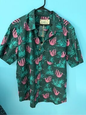 One World Brothers Vintage-Style Tropical Sloth - Dark Green with Pink NWT